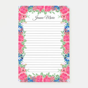 Vintage rosa Rosen und blaue Blumen Post-it Klebezettel