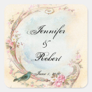 Vintage-Rosa-Rosen- und Rotkehlchen-Hochzeitssiege Quadratischer Aufkleber