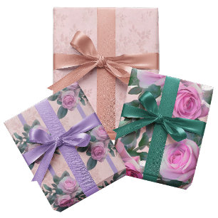 Vintage rosa Rosen verblasste antike Damaske Geschenkpapier Set