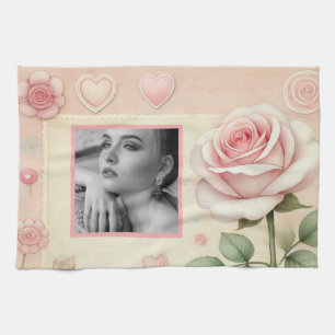 Vintage rosa Rosenherzen Blumenfoto Aquarell  Geschirrtuch