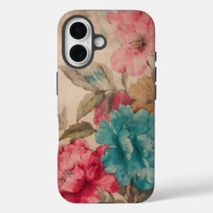 Vintage-Rosa-Rot-Blau-Aquarell-Blumen iPhone 16 Hülle