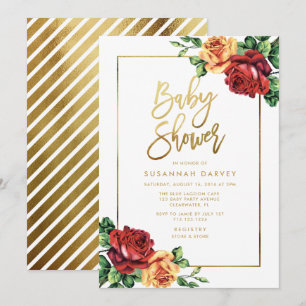Vintage-Rosa-Rot-Gelb-Gold-Schrift Baby Shower Einladung