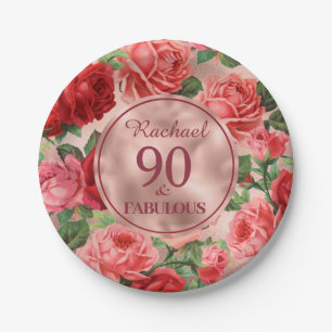 Vintage, rosa Rote Rosen 90 und Fabelpapierplatte Pappteller