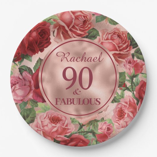 Vintage, rosa Rote Rosen 90 und Fabelpapierplatte Pappteller (Vorderseite)