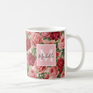 Vintage rosa rote Rosen Blumen monogrammiert Kaffeetasse