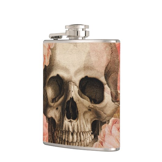 Vintage Rosa-Schädel-Collage Flachmann (Links)