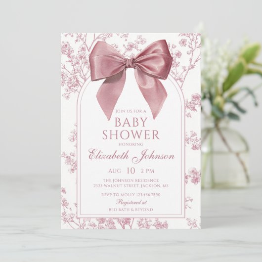 Vintage rosa Schleife Baby Shower Alles in Einem Einladung (Stehend Vorderseite)