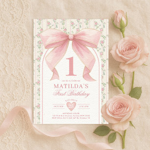 Vintage-Rosa-Schleife Coquette 1. Geburtstag Einladung