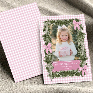 Vintage rosa Schleifen-Gingham-Weihnachts-Foto Karte