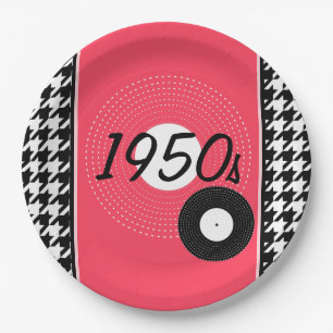 Vintage, rosa, schwarz-weiß karierte 1950er Jahre Pappteller