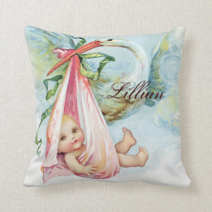 Vintage-Rosa-Storch-Baby-Mädchen-Kinderzimmer-Kiss Kissen