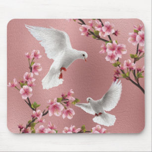 Vintage Rosa Tauben und Kirschblüten Mousepad