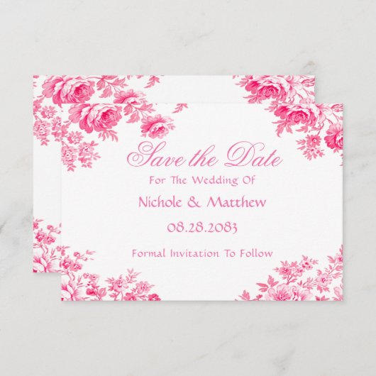 Vintage Rosa Toile Blume Hochzeit Save The Date (Vorne/Hinten)
