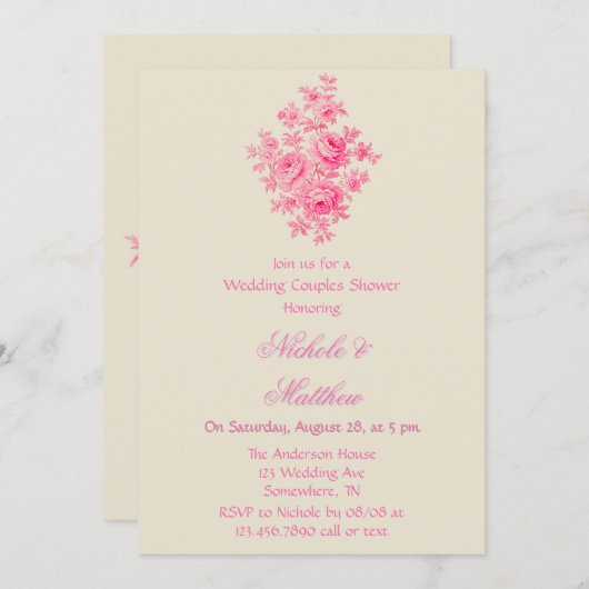Vintage Rosa Toile Blume Hochzeitsdusche Einladung (Vorne/Hinten)