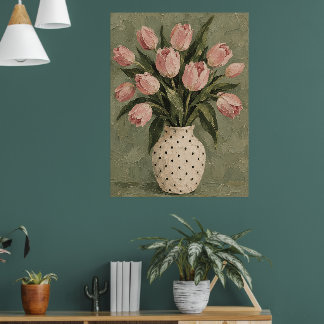 Vintage-Rosa-Tulpenstrauß-Stillleben-Kunstprint Poster