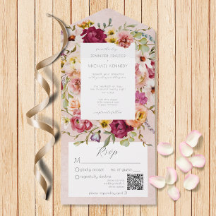 Vintage Rosa und Gelbe Blumen auf Rosa QR-Code All In One Einladung