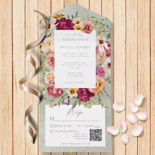 Vintage Rosa und Gelbe Blumen auf Salbei QR-Code All In One Einladung