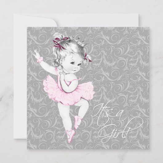 Vintage Rosa- und Graudusche Einladung (Vorderseite)