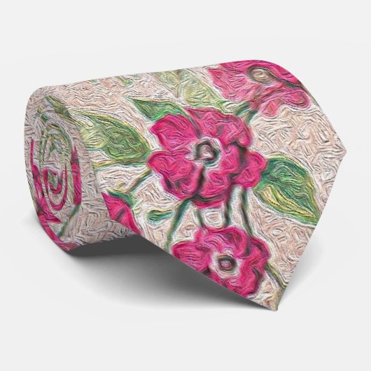 Vintage rosa und grüne Blumenmalerei Krawatte (Gerollt)