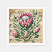 Vintage Rosa und grüne Proteas-Notenüberschrift Serviette (Vorderseite)