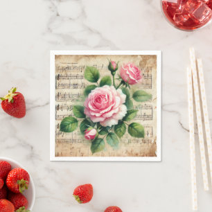 Vintage Rosa- und Grüne Rose Serviette