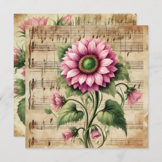 Vintage Rosa- und grüne Sonnenblumenschmiede Einladung (Vorne/Hinten)