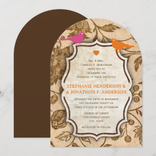 Vintage Rosa und Orange Liebesvogel Muster Hochzei Einladung