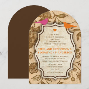 Vintage Rosa und Ornage Love Bird-Muster Hochzeit Einladung