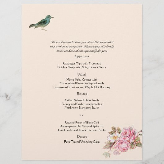Vintage Rosa und Robin Wedding Menu (Vorderseite)