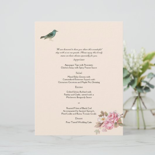 Vintage Rosa und Robin Wedding Menu (Stehend Vorderseite)