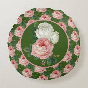 Vintage-Rosa- und Weiß-Rosenmuster Rundes Kissen