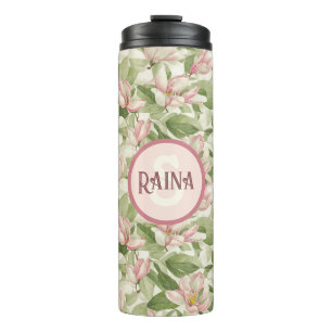 Vintage-Rosa- und weiße Magnolien personalisiert Thermosbecher