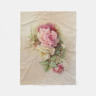 Vintage Rosa und Weiße Rosen im handbemalten Stil Fleecedecke