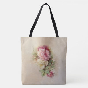 Vintage Rosa und Weiße Rosen im handbemalten Stil Tasche