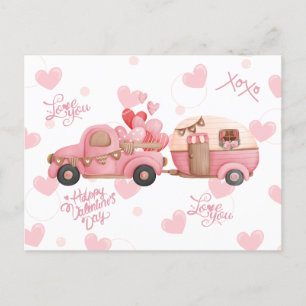 Vintage rosa Valentinstag-LKW und Herzen Postkarte