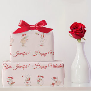 Vintage rosa Valentinstag Süße Mädchen rote Herzen Geschenkpapier