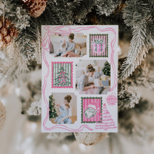 Vintage rosa Weihnachts-Wasserfarben-Familienfoto Feiertagskarte