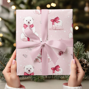 Vintage-Rosa-Weihnachtsbär mit roter Schleife Geschenkpapier