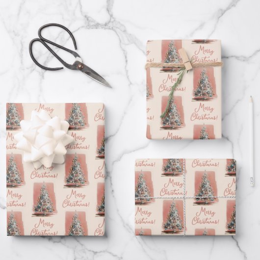 Vintage-Rosa Weihnachtsbaum Geschenkpapier Set (Vorderseite)