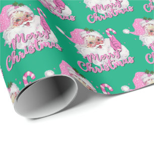 Vintage Rosa Weihnachtsmann Frohe Weihnachten Grün Geschenkpapier