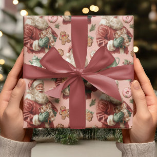 Vintage Rosa Weihnachtsmann & Lebkuchen Weihnachte Geschenkpapier