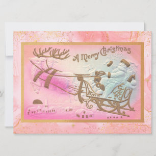 Vintage rosa Weihnachtsmann-Schlitten mit Rentiere Feiertagskarte