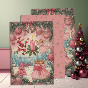 Vintage rosa Weihnachtsszene Geschenkpapier Set