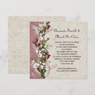 Vintage Rosa Weiße Blumen Band Federn Hochzeit Einladung