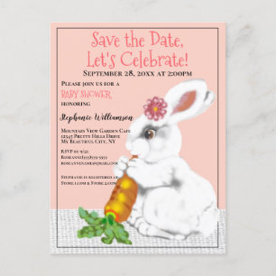 Vintage Rosa Weißer Hase Save the Date Baby Shower Ankündigungspostkarte