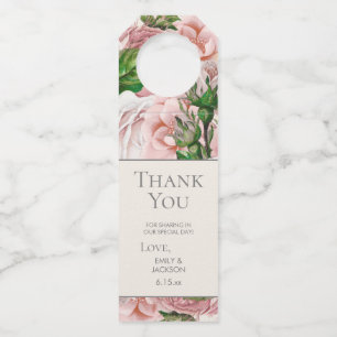 Vintage rosafarbene Blumen Botanische Hochzeit Flaschenanhänger