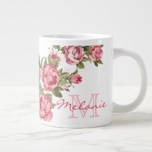 Vintage rosafarbene Rosen Pfingstrosen Name, Monog Jumbo-Tasse