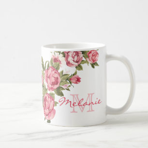 Vintage rosafarbene Rosen Pfingstrosen Name, Monog Kaffeetasse