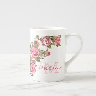 Vintage rosafarbene Rosen Pfingstrosen Name, Monog Porzellantasse