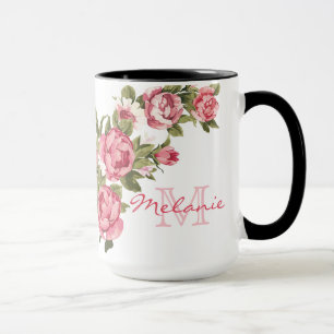 Vintage rosafarbene Rosen Pfingstrosen Name, Monog Tasse